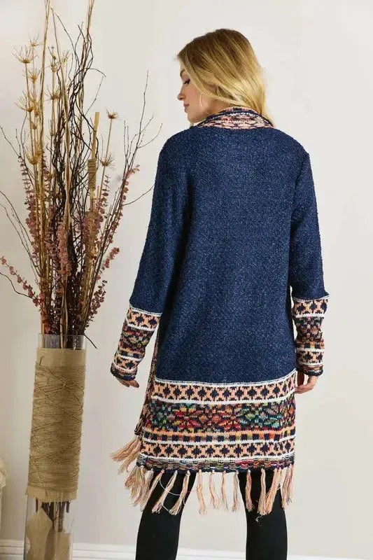 Fringe Hem Aztec Border Cardigan – Boho Chic Statement Layer for Women