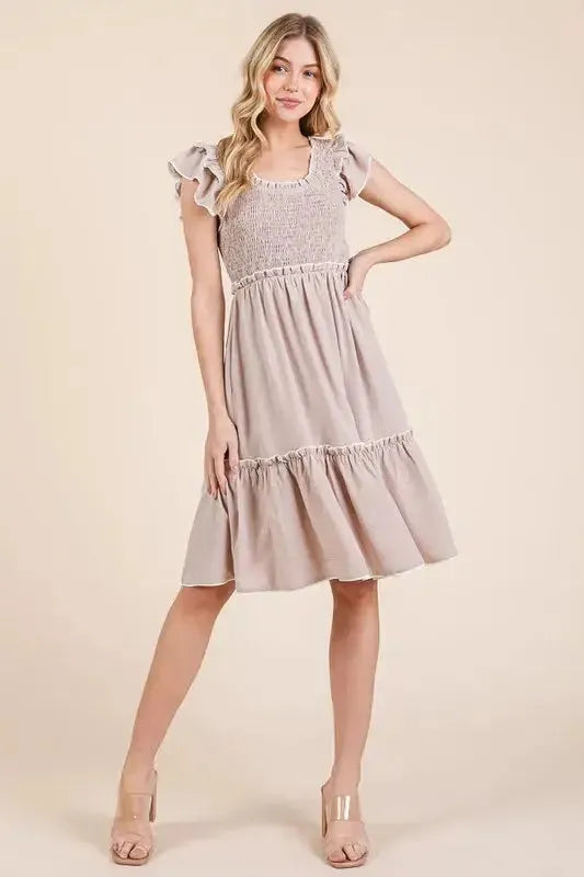 Make a Statement: Ruffle Trim Smocked Dress with Contrast Design in Taupe Color