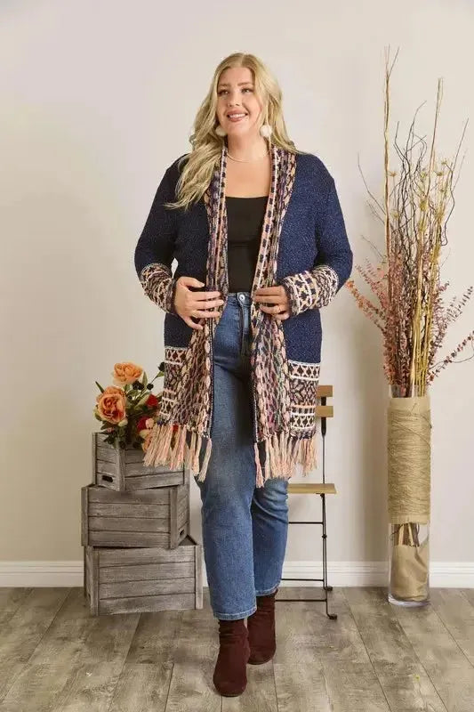 Fringe Hem Aztec Border Cardigan – Boho Chic Statement Layer for Women