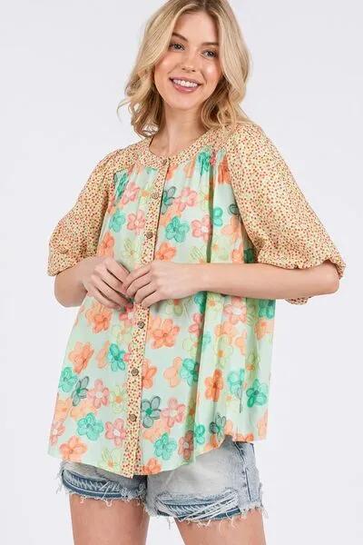 Button Down Bubble Sleeves Light Green Shirt for Women - Shop 2025 Styles