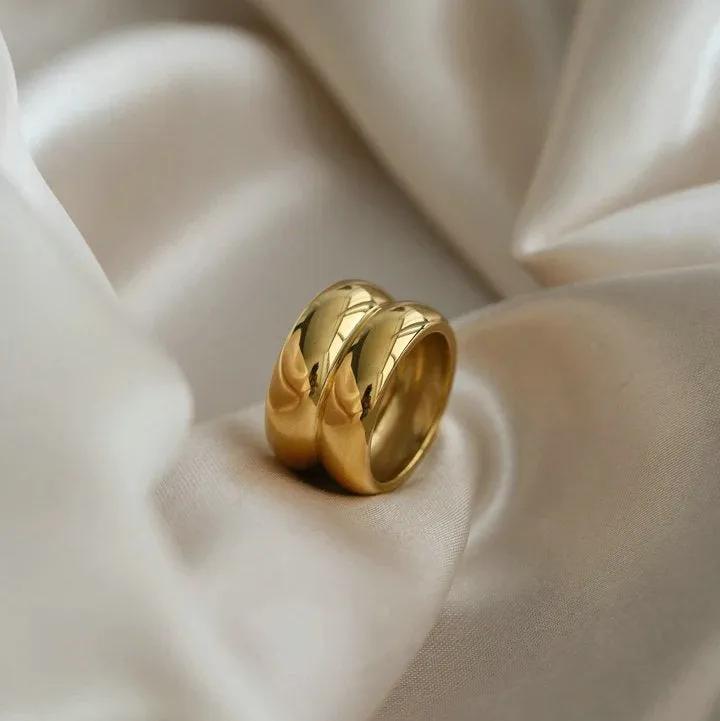 Gold Double Ridge Ring - Titanium Steel Minimalist Statement Band