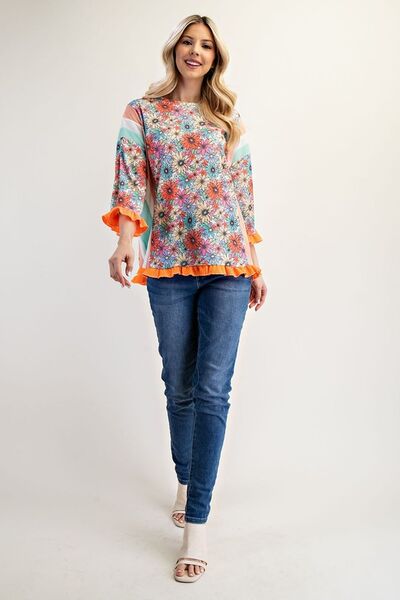 Ruffle Sleeve Floral Color Block Top Trendsi