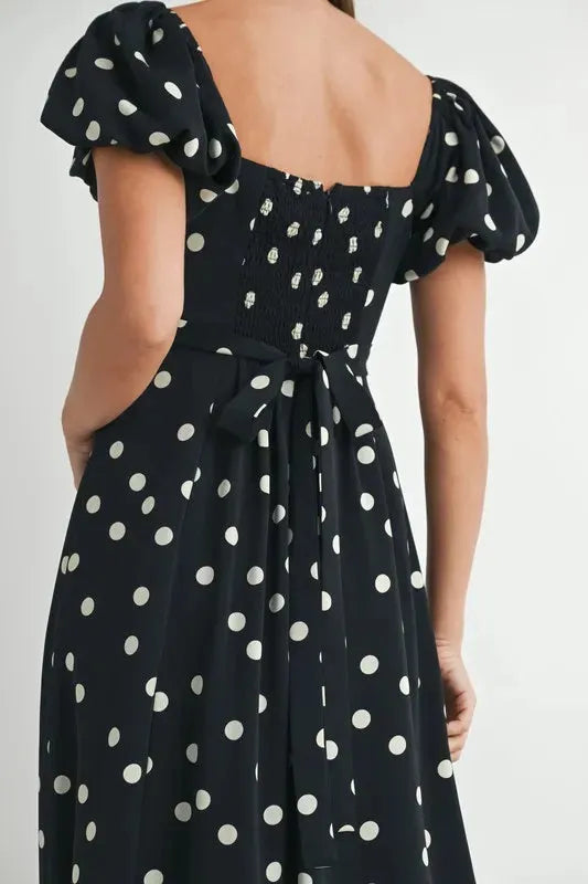 Polka Dot Puff Sleeve Midi Dress: Timeless Elegance for Any Occasion in Black