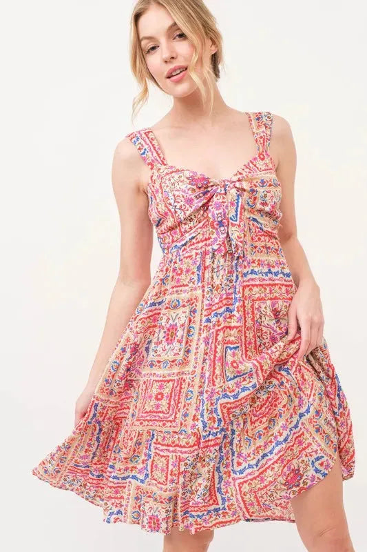 Boho Printed Dress with Tied Front and Tiered Skirt
