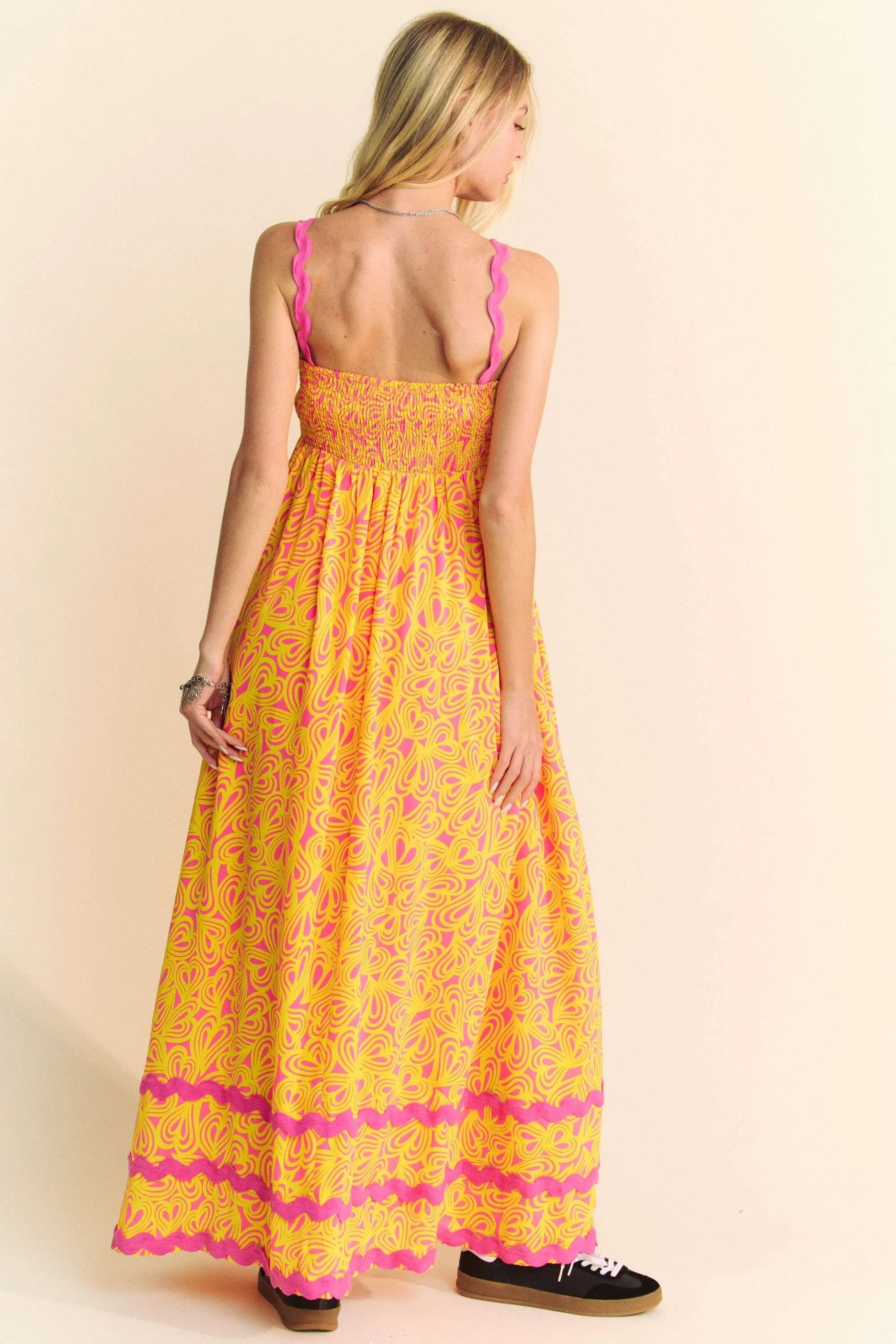 Davi & Dani Geo 2 Tone Printed Wavi Trim Tiered Maxi Dress Trendsi