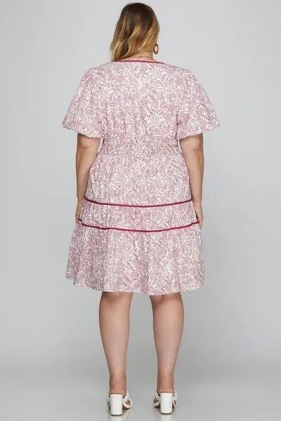 Printed V-Neck Puff Sleeve Tiered Dress