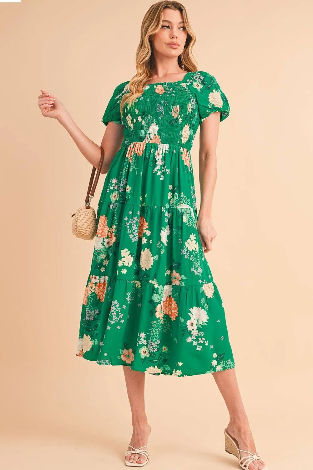 Green Floral Print Smocked Tiered Midi Dress with Bubble Sleeves – 100% Viscose
