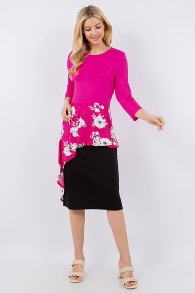 Hot Pink Floral Asymmetrical Hemline Round Neck Top Trendsi