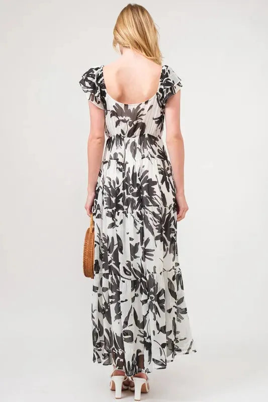 Elegant Ruffled Sleeve Tiered Floral Maxi Dress