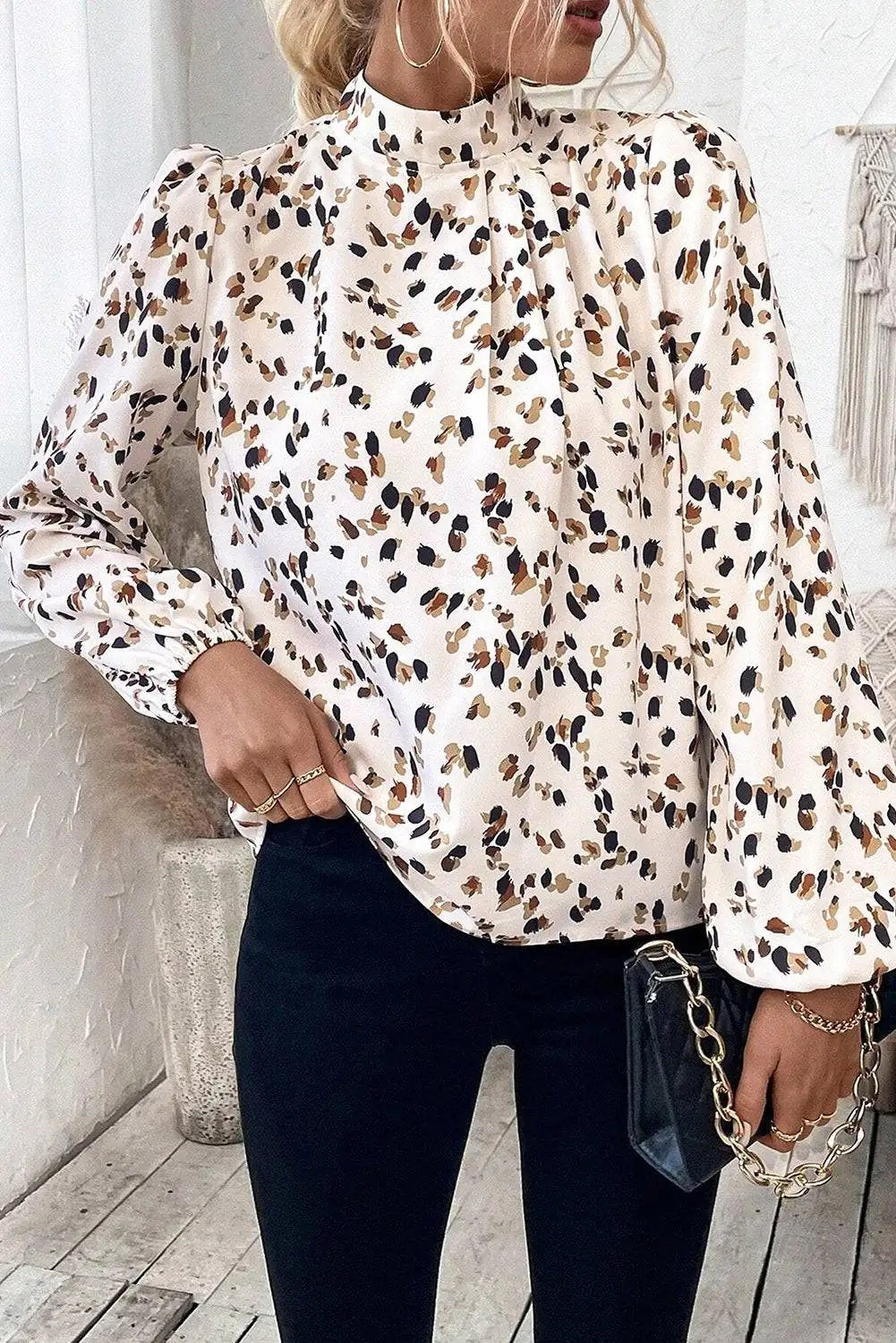 Leopard Print Puff Sleeve Mock Neck Blouse with Pleated Detail – Black or White