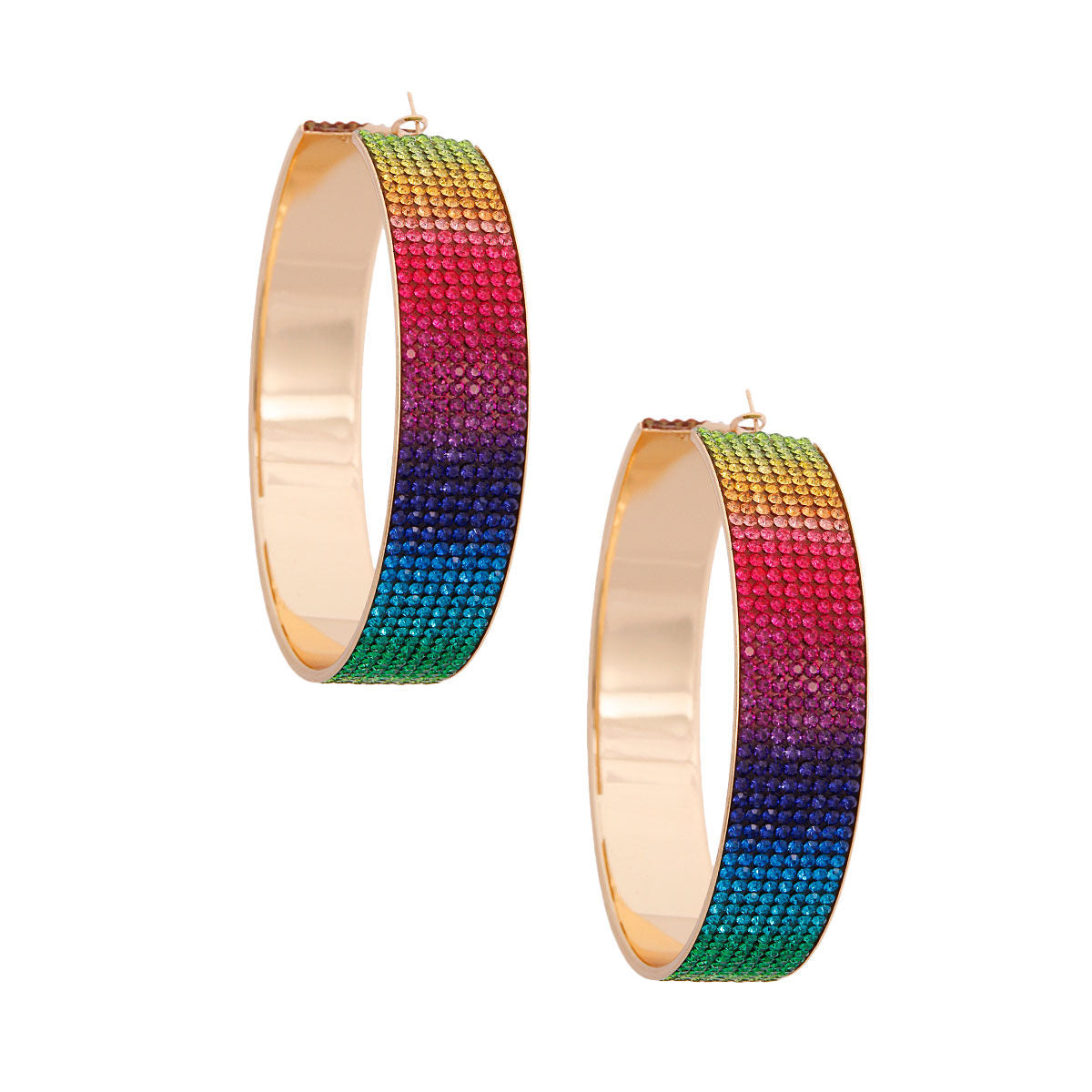 Gold Rainbow Rhinestone Hoop Earrings .75 Inch Wide Fashion Jewelry