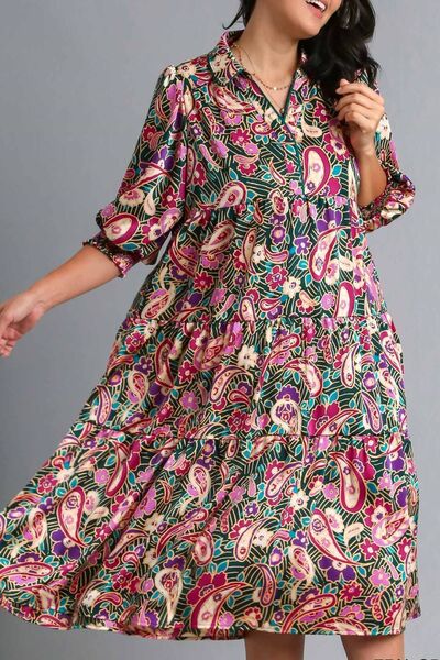 Paisley Print Satin Tiered Midi Dress Trendsi