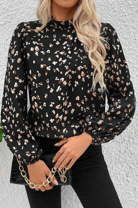 Leopard Print Puff Sleeve Mock Neck Blouse with Pleated Detail – Black or White Shewin