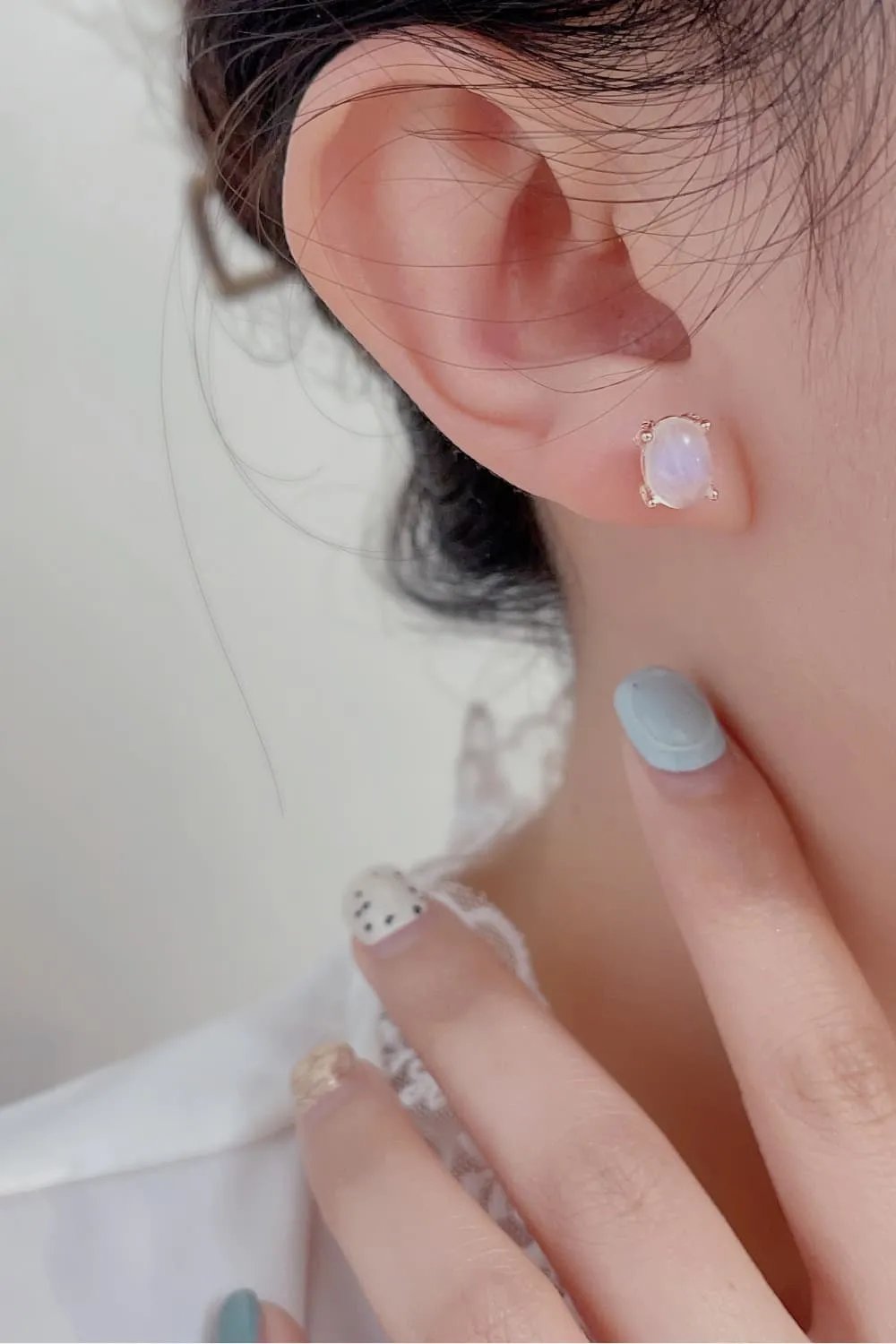 Natural Moonstone Stud Earrings – S925 Sterling Silver with Platinum & Rose Gold Plating