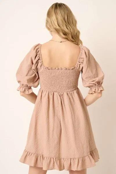 Taupe Smocked Ruffled Hem Half Sleeve Mini Dress: Your Go-To Pick for Chic and Easy Fashion