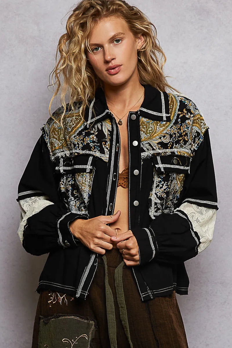 POL Printed Woven Mix Raw Hem Jacket with Lace Detail