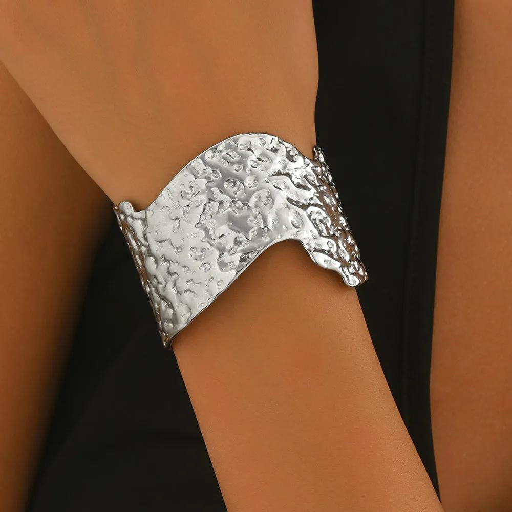Handmade Hammered Stainless Steel Cuff Bracelet with Platinum Plating