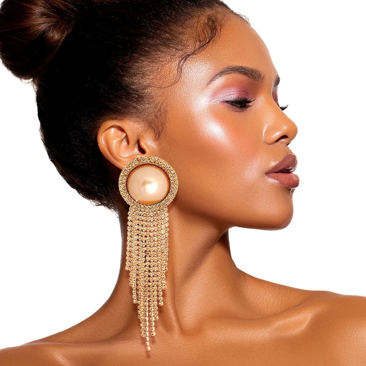 Gold Tone Clip-On Earrings Brown Faux Pearl & Rhinestone Fringe | Fashion Jewelry