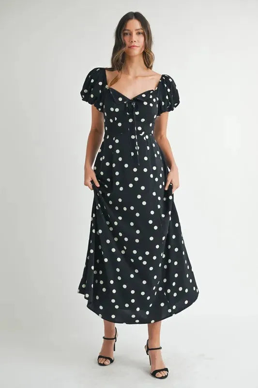 Polka Dot Puff Sleeve Midi Dress: Timeless Elegance for Any Occasion in Black