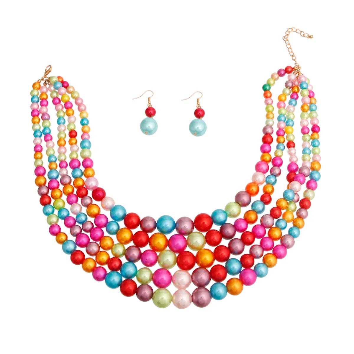 Pearl Necklace Rainbow 5-Strand Graduated Acrylic Set with Matching Earrings