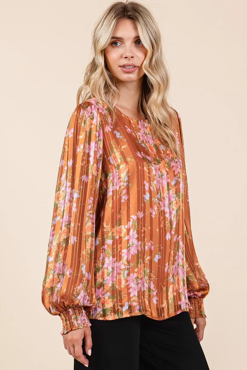 Satin Gold Lurex Striped Chiffon Top – Shimmery Long Sleeve Elegance Jewelry Bubble