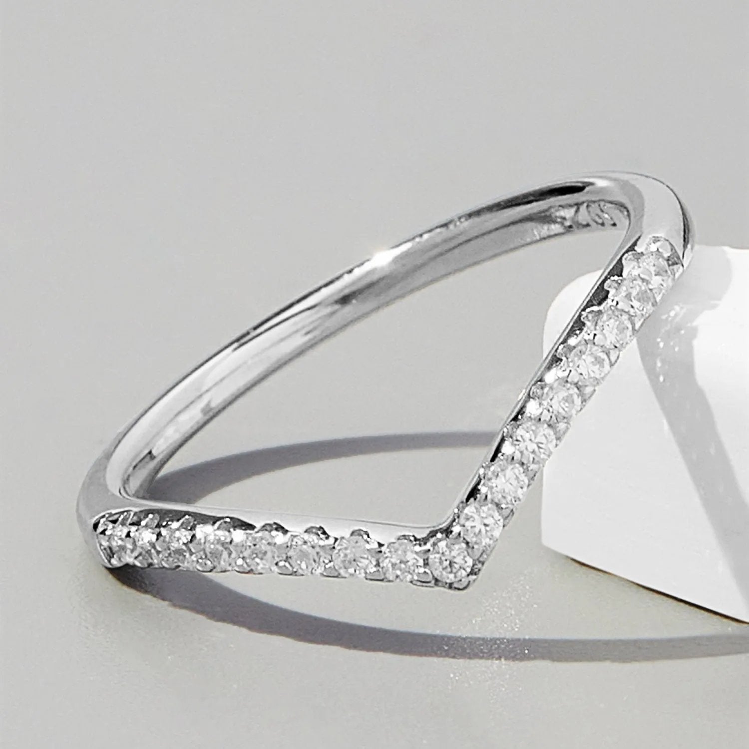 S925 Sterling Silver Chevron Ring with Zircon Accents