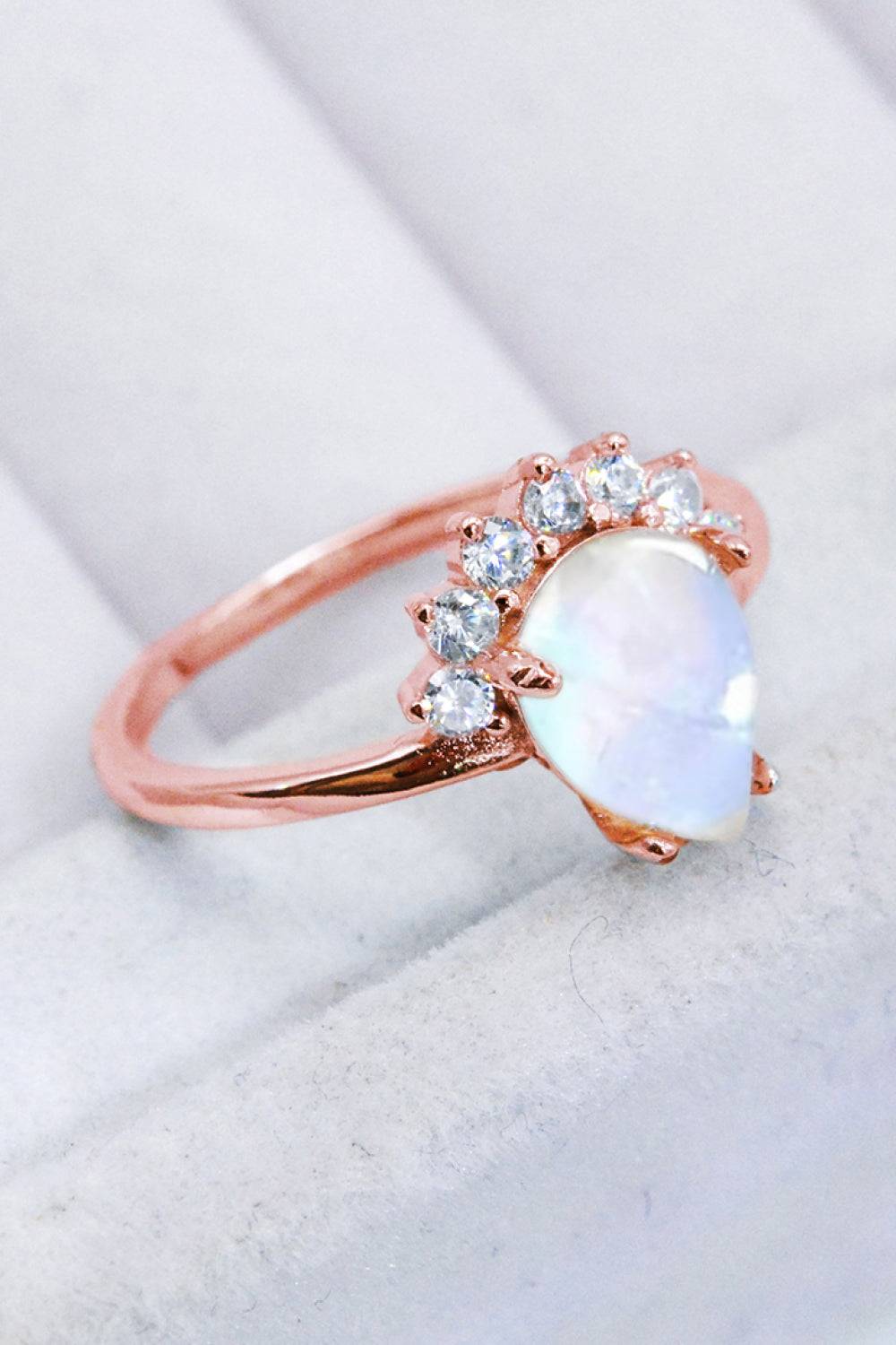 Sterling Silver Natural Moonstone Ring with Zircon Accents – Platinum or Rose Gold Plated Jewelry Bubble