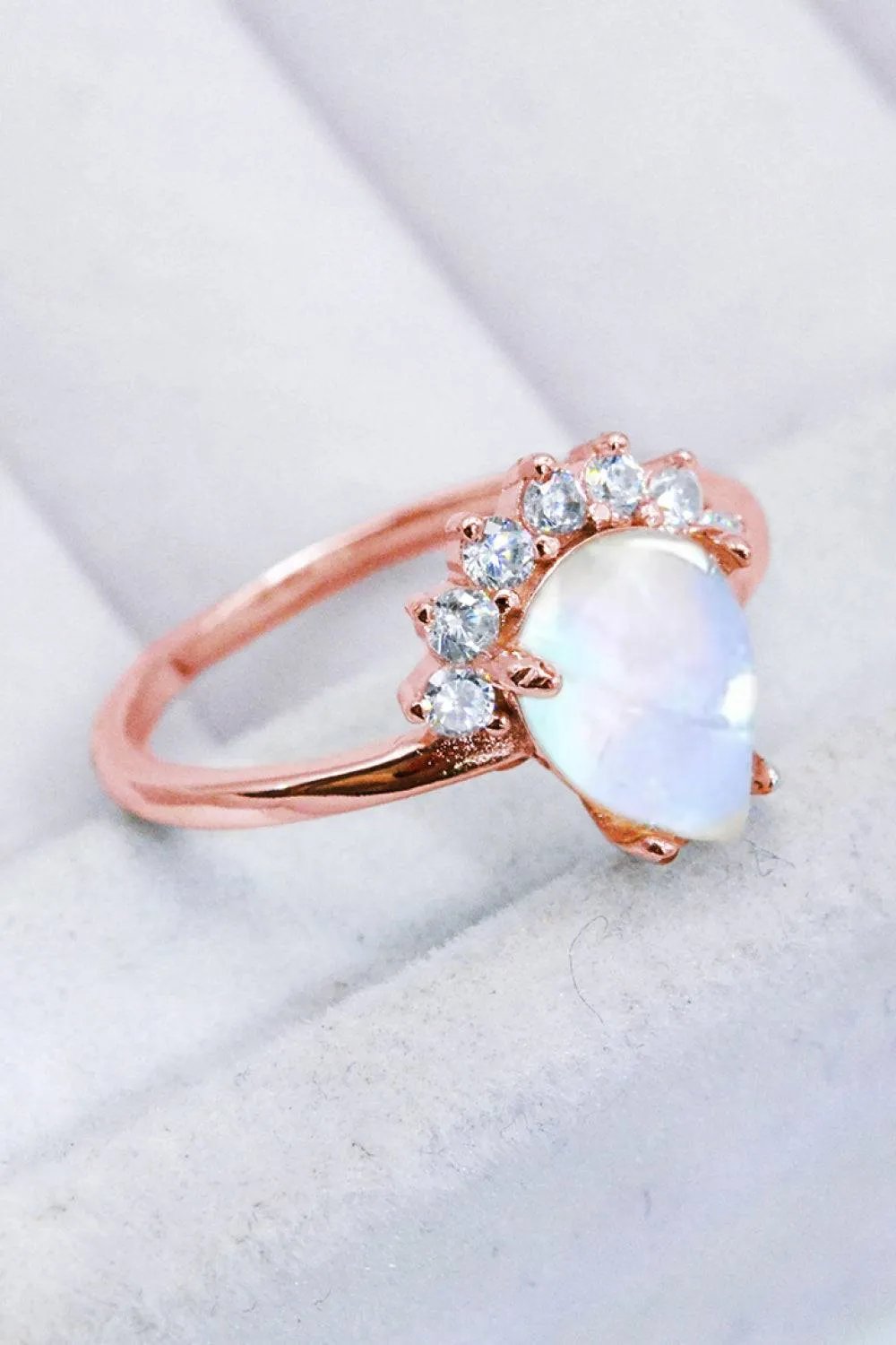 Sterling Silver Natural Moonstone Ring with Zircon Accents – Platinum or Rose Gold Plated