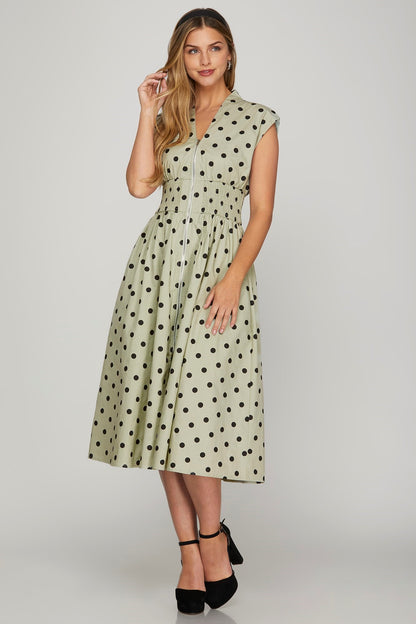 Polka Dot Cap Sleeve Midi Dress - Stylish & Versatile in Sage Trendsi