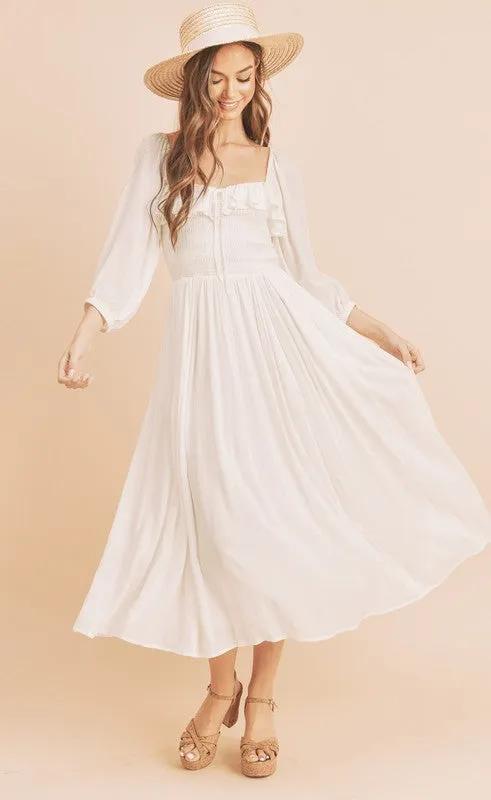 Ruffled Smocked Square Neck Balloon Sleeve Dress