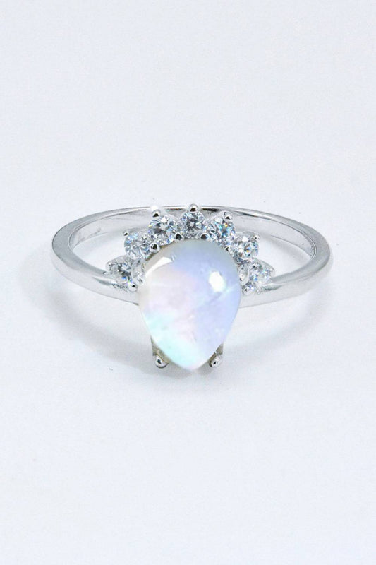 Sterling Silver Natural Moonstone Ring with Zircon Accents – Platinum or Rose Gold Plated Jewelry Bubble