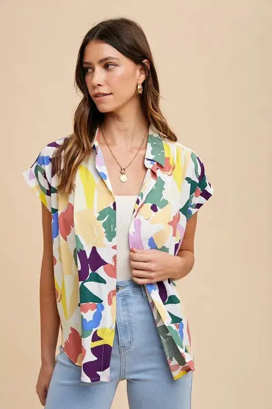 Multicolor Button Down Top with Pleated Shoulders – Vibrant Statement Piece Trendsi