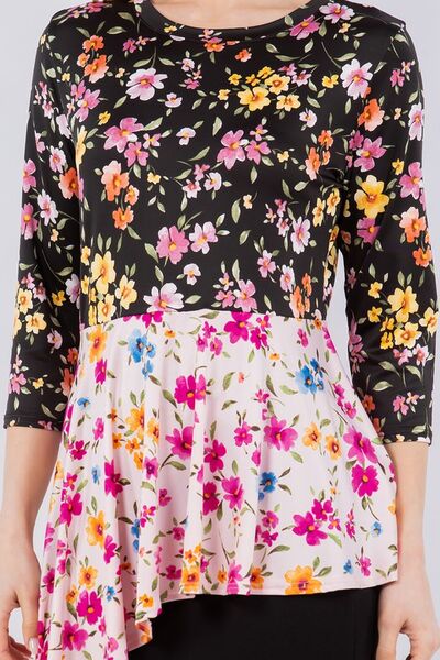 Multicolor Floral Asymmetrical Hemline Round Neck Top Trendsi