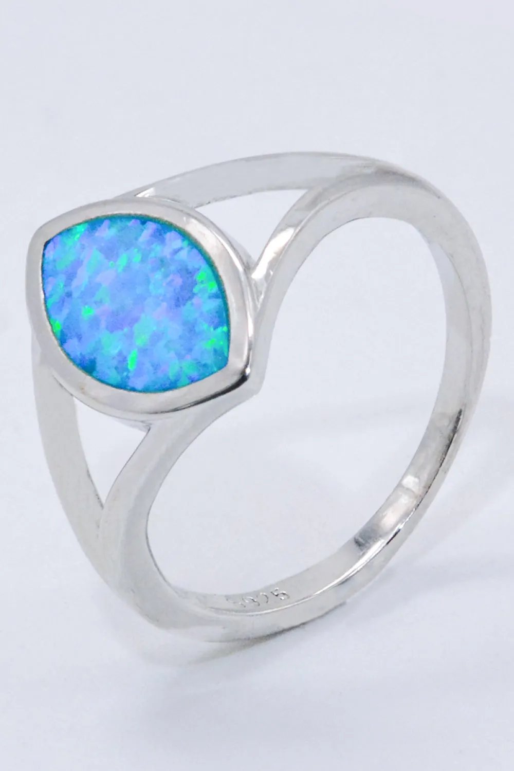 Platinum-Plated Sterling Silver Opal Ring with Split Shank Design