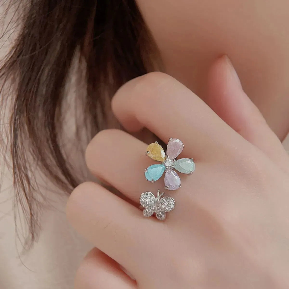 Butterfly & Flower Adjustable Ring - Platinum-Plated Whimsy