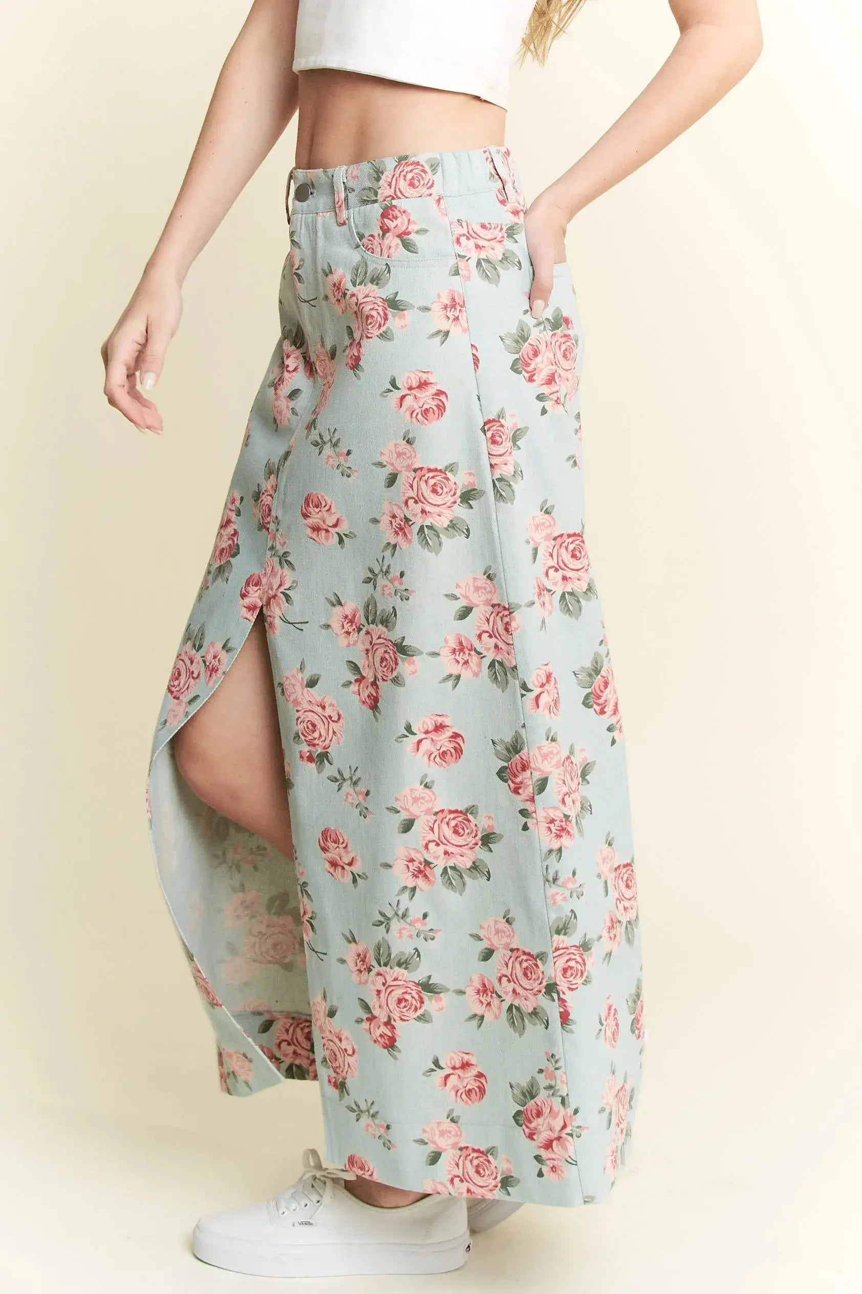 Jade By Jane Full Size Floral Print Front Slit Denim Maxi Skirt Plus Size Trendsi