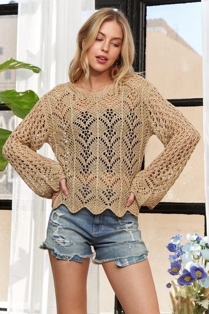 Long Sleeves Round Neck Crochet Top – Elegant Crochet Blouse for Women Jewelry Bubble
