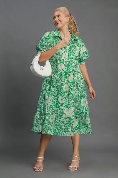 Printed Smocked Cuff Puff Sleeve Green Midi Dress - Stylish and Comfortable 2025 Look