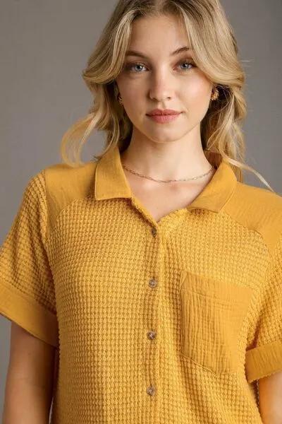 Waffle-Knit Short Sleeve Button Down Shirt