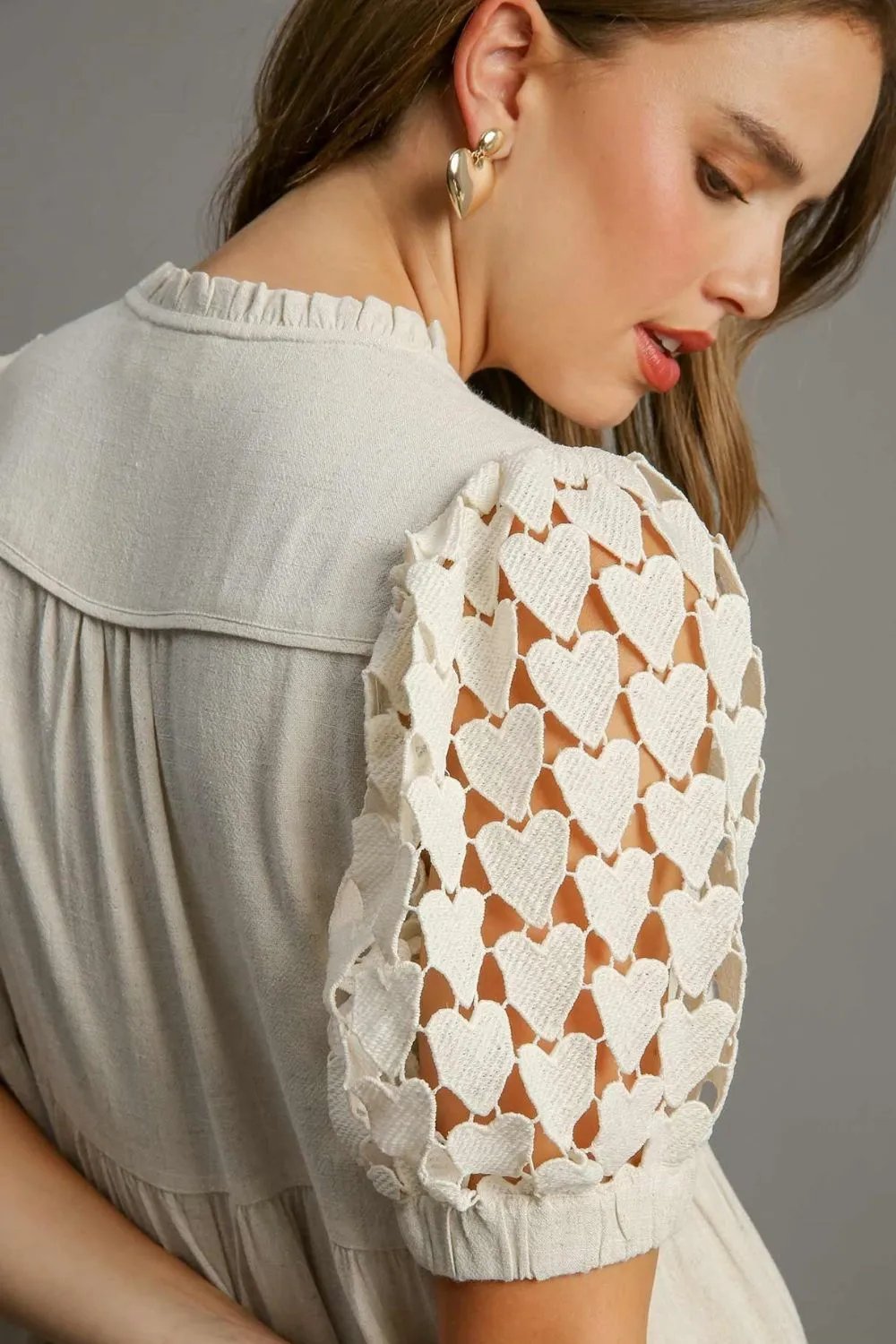 Romantic Ruffled Hem Heart Lace Sleeve Tie Neck Dress in Oatmeal Color