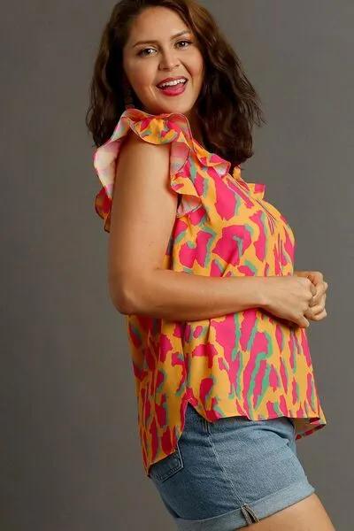 Spice Things Up: Abstract Print V-Neck Double Layer Ruffle Sleeve Blouse