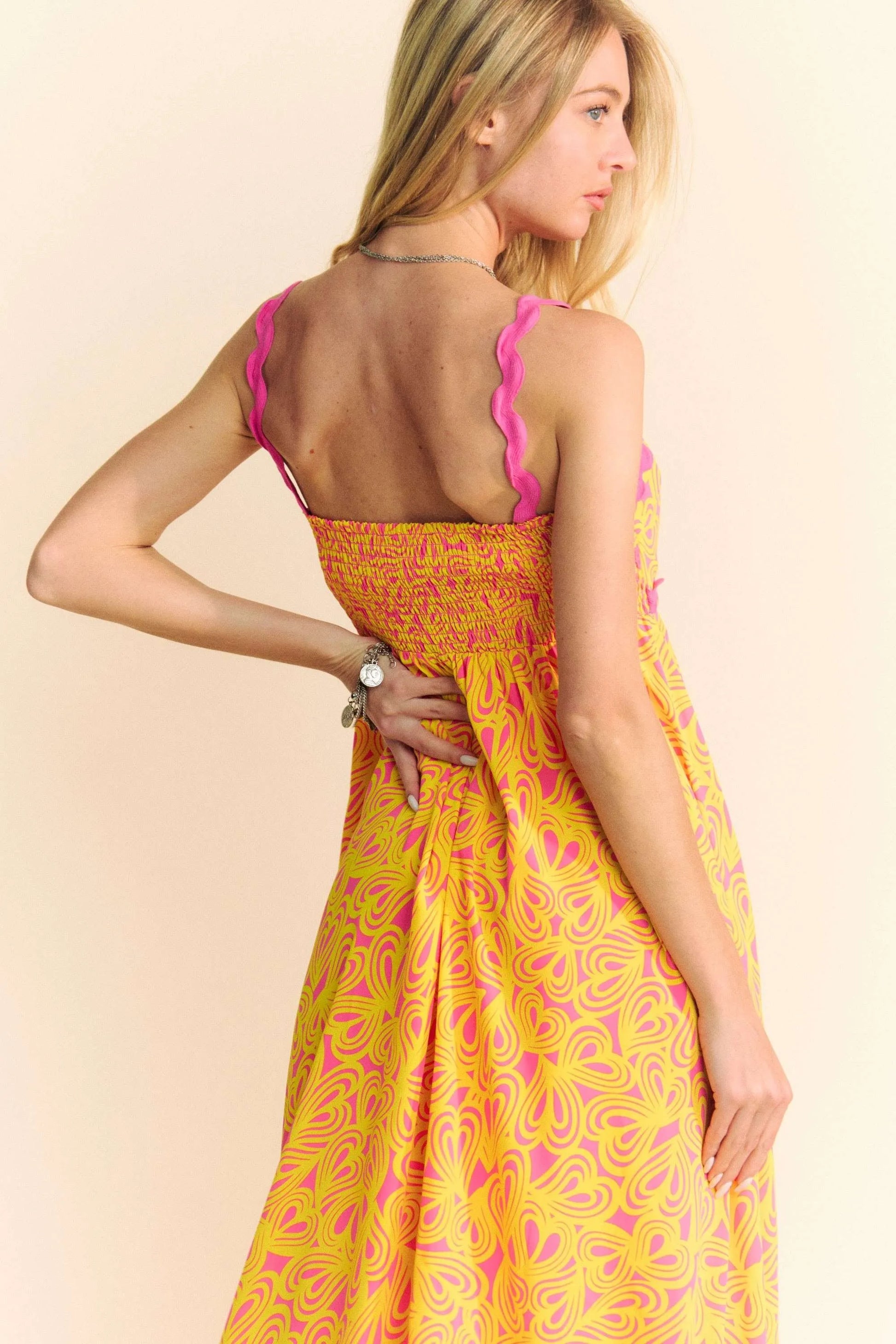 Davi & Dani Geo 2 Tone Printed Wavi Trim Tiered Maxi Dress Trendsi