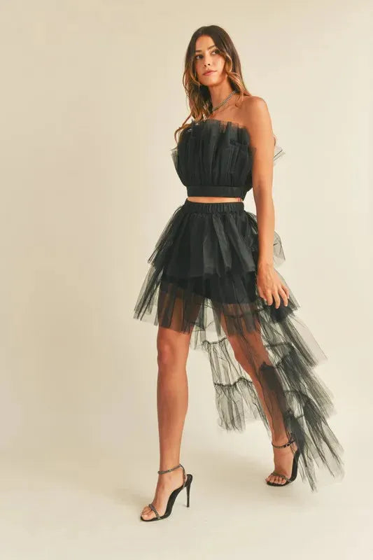 Elegant Tulle Ruffle Crop Top & High-Low Maxi Skirt Set