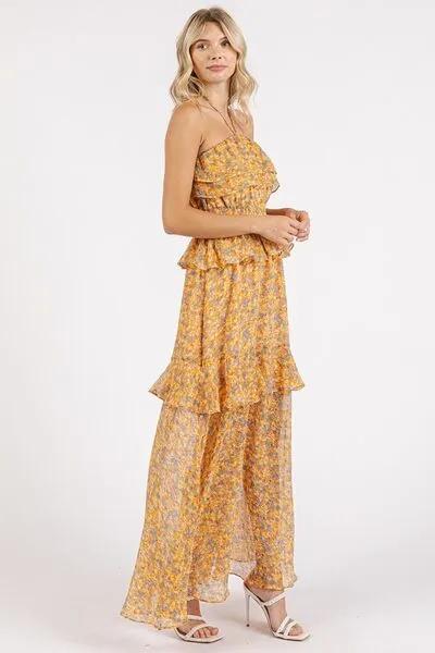 Flowy and Feminine: Ruffled Smocked Floral Halter Neck Maxi Dress