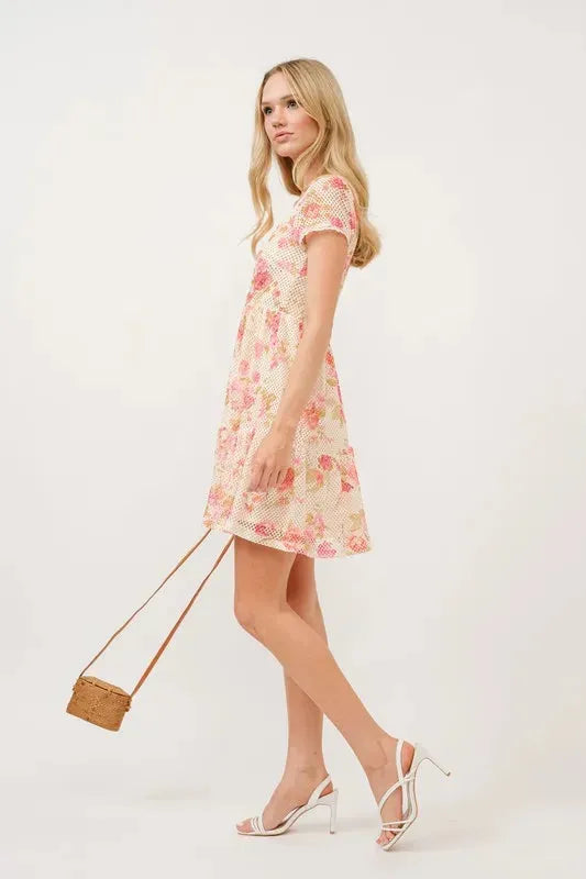 Square Neck Tiered Floral Fishnet Dress - Multicolor Romantic Summer Style