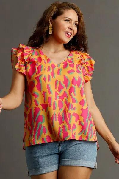 Spice Things Up: Abstract Print V-Neck Double Layer Ruffle Sleeve Blouse