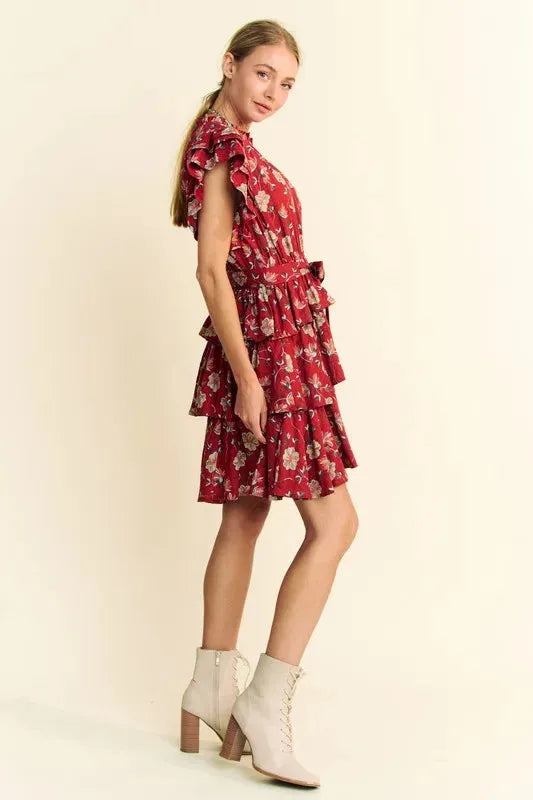 Ruffle Flutter Sleeve Tie Belt Tiered Mini Dress for Effortless Elegance