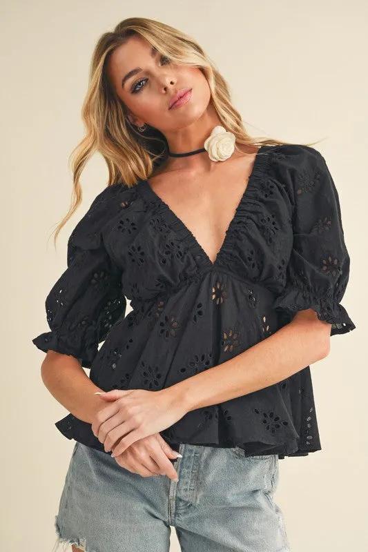 Eyelet Embroidered V-Neck Half Sleeve Black Peplum Blouse | Elegant Women's Top