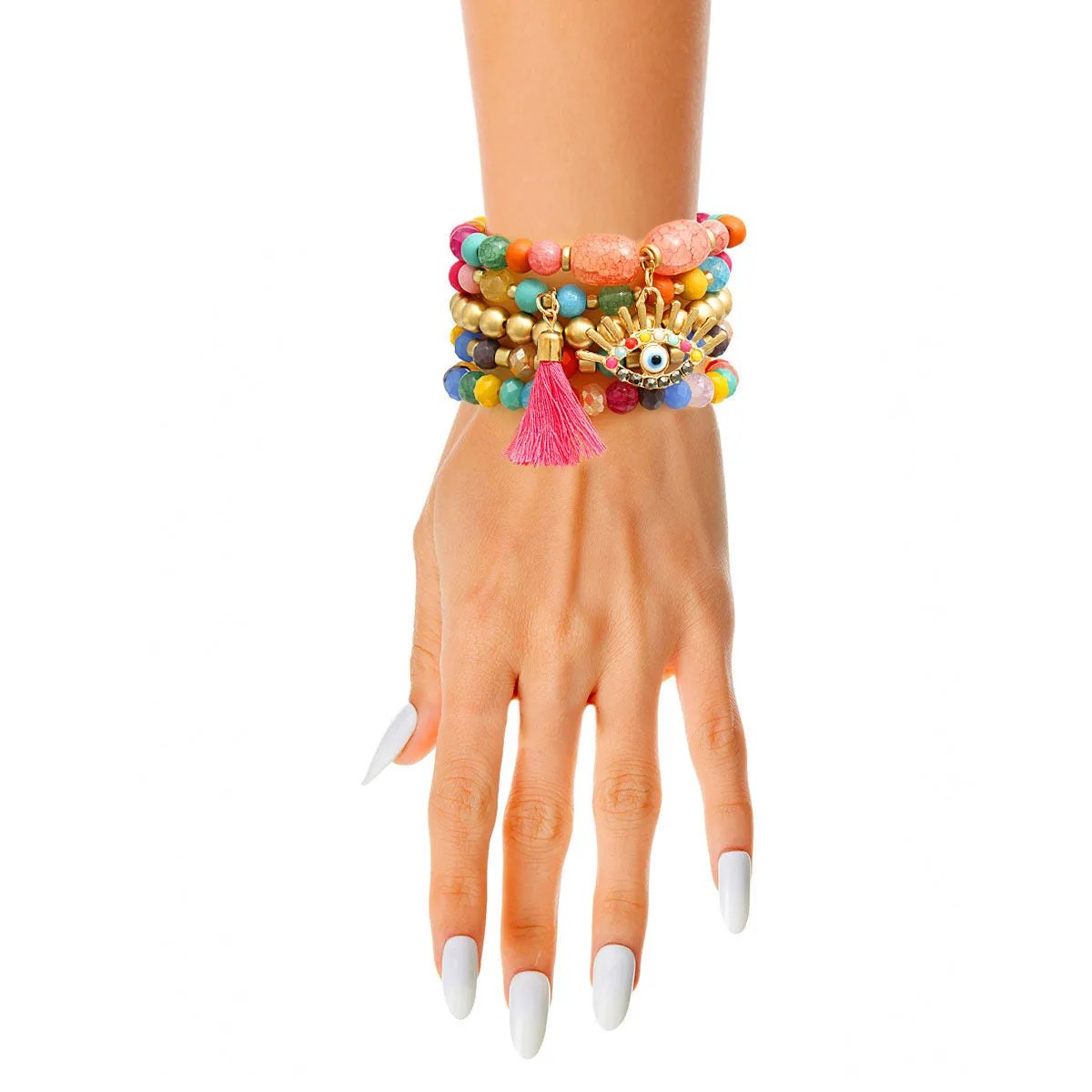 Matte Gold Rainbow Bead Bracelet Set with Evil Eye Charm