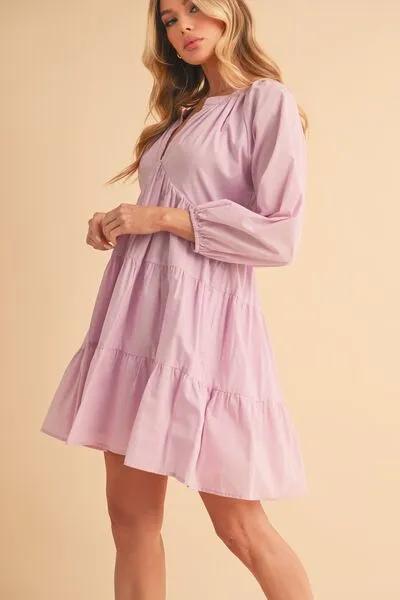 Lilac Notched Balloon Sleeve Tiered Mini Dress